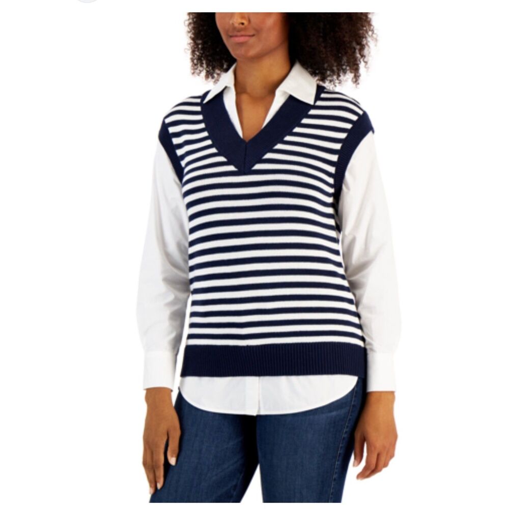 Charter Club Layered Sweater Striped Vest Shirt Intrepid Blue Combo Womens